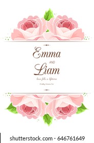 Wedding Marriage Card Template. Pink Red Rose Flowers Frame Border Top Bottom. Invitation Greeting Celebration Postcard Vector Design Illustration.