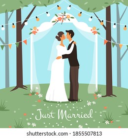 Wedding marriage ceremony. Bride and groom get married, happy love couple in wedding arch kissing, romantic garden party summer landscape, matrimony greeting or invitation card, vector cartoon concept