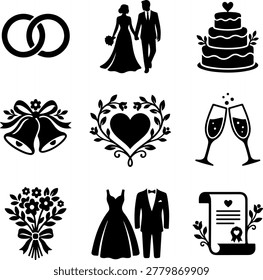Wedding and marriage ceremony icon set minimalist flat vector silhouettes for bridal events