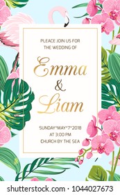 Wedding marriage event invitation card template. Tropical jungle rainforest bright green palm tree monstera leaves, pink orchid flowers and exotic flamingo birds border frame on light blue background.