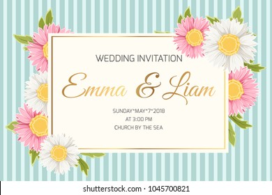 Wedding marriage event invitation card template. Colorful pink white yellow daisy aster chamomile flowers. Rectangular border frame. Vertical blue stripes background. Golden gradient text placeholder.