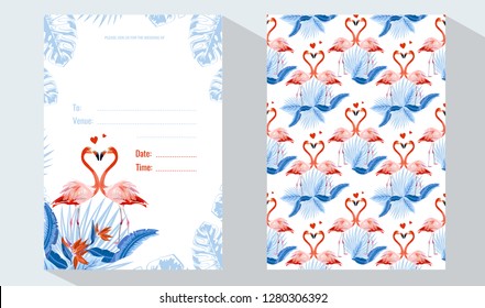Wedding marriage event invitation card set template. Exotic flamingo and tropical palm leaves, plants, bird of paradise. Vector design templates. Design element for card, poster, banner, and other use