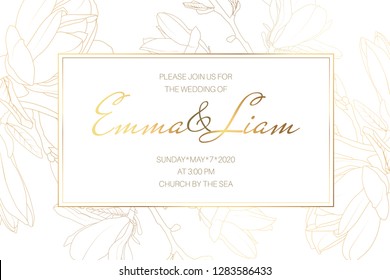 Wedding marriage event invitation card template. Spring magnolia garden flowers. Detailed outline drawing. Rectangular border frame with text placeholder. Luxury bright shiny golden.