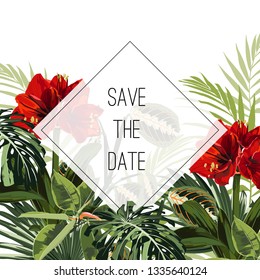 Wedding marriage event invitation card template. Red lilies flowers, bright green exotic tropical monstera palm tree leaves. White background. 