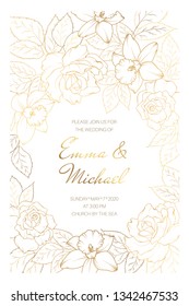 Wedding marriage event invitation card template. Rose peony daffodil narcissus flowers leaves. Copper gold shiny outline clean white background. Round circle text placeholder decorated with flowers.
