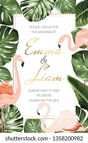 Wedding marriage event invitation card template. Tropical jungle rainforest bright green palm tree monstera philodendron leaves and exotic flamingo birds border frame on white background.