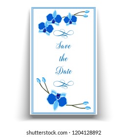 Wedding marriage event invitation template with blue orchid. Printable wedding invites. Exotic wedding invitations cards. Tropical wedding templates.