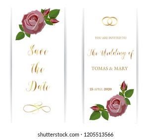 Wedding marriage event invitation template set with pink pastel rose. Printable wedding invites. Retro style wedding invitations cards. Floral wedding templates.