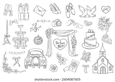 Wedding marriage hand drawn doodle icon set - star, sparkle, heart, rings, glasses, car, church, bow, cake, envelope. Sketch vector marriage symbol on white background for decoration invitation, card