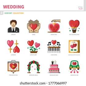 conjunto de iconos de boda y matrimonio, estilo plano, vector e ilustración