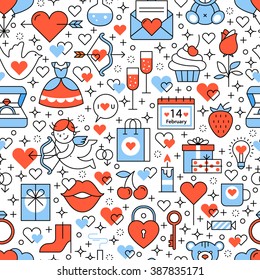 Wedding and marriage icons square seamless pattern. For store sales decoration. Thin line art flat objects texture illustration.