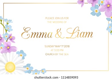 Wedding marriage invitation card template. Rectangular border frame template. Corners decoration blue forget-me-nots, purple violet viola and daisy chamomile flowers. Shiny golden text placeholder.