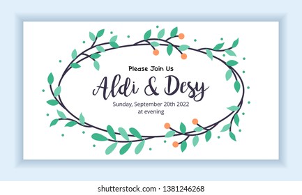 Wedding marriage invitation card template. Horizontal landscape layout with floral frame and leaves colorful