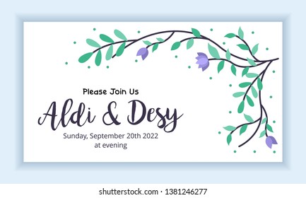 Wedding marriage invitation card template. Horizontal landscape layout with floral frame and leaves colorful