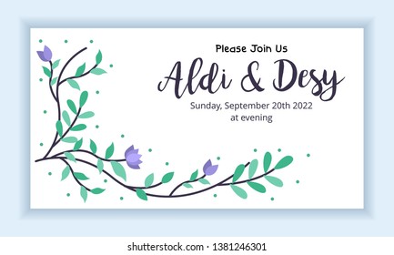 Wedding marriage invitation card template. Horizontal landscape layout with floral frame and leaves colorful