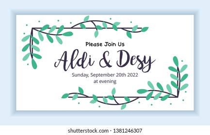 Wedding marriage invitation card template. Horizontal landscape layout with floral frame and leaves colorful