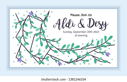 Wedding marriage invitation card template. Horizontal landscape layout with floral frame and leaves colorful