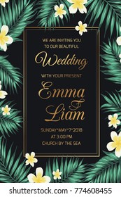Wedding marriage invitation card template. Exotic tropical jungle rainforest green palm tree border frame with frangipani, plumeria flowers on black night background. Shiny golden gradient text color.