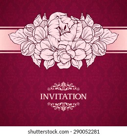 Wedding marriage invitation with linear flowers on ornate background. Greeting card in retro style Elegant pattern, flowers, decor frame Vector floral illustration vintage style Valentine anniversary