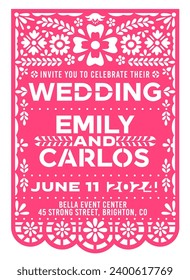 Wedding marriage invitation with mexican papel picado paper cut banner. Vector template of wedding card or marriage anniversary party invite flyer with papercut floral pattern, flowers and leaves