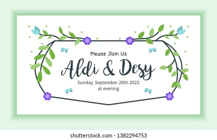 Wedding marriage invitation template horizontal landscape layout with floral frame and beautiful leaves