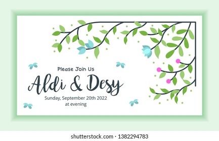 Wedding marriage invitation template horizontal landscape layout with floral frame and beautiful leaves