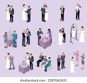 Wedding marriage isometric set of isolated icons with human characters of ceremony master bride and groom vector illustration