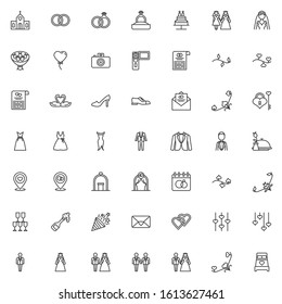 Wedding, marriage line icons set. Bridal linear style symbols collection, outline signs pack. vector graphics. Set includes icons as newlyweds groom and bride, bridal wedding dress, groom, invitation