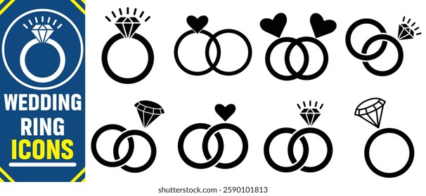 Wedding, marriage, love rings icon set. Jewelry and marriage vector image. Gemstone rings.diamond ring icons set vector illustration. jewelry icon symbol. Wedding ring couple, marriage sign. 