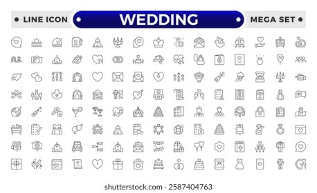 Wedding and Marriage Outline icon collection. Newlyweds' holiday, wedding, love. Bride, groom, lovers, rings,  car, cake, wedding service flower, wedding planner.
