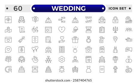 Wedding and Marriage Outline icon collection. Newlyweds' holiday, wedding, love. Bride, groom, lovers, rings,  car, cake, wedding service flower, wedding planner.
