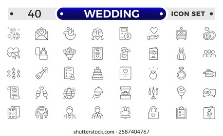 Wedding and Marriage Outline icon collection. Newlyweds' holiday, wedding, love. Bride, groom, lovers, rings,  car, cake, wedding service flower, wedding planner.
