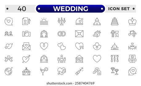 Wedding and Marriage Outline icon collection. Newlyweds' holiday, wedding, love. Bride, groom, lovers, rings,  car, cake, wedding service flower, wedding planner.
