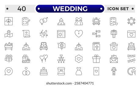 Wedding and Marriage Outline icon collection. Newlyweds' holiday, wedding, love. Bride, groom, lovers, rings,  car, cake, wedding service flower, wedding planner.
