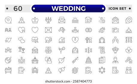 Wedding and Marriage Outline icon collection. Newlyweds' holiday, wedding, love. Bride, groom, lovers, rings,  car, cake, wedding service flower, wedding planner.
