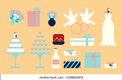 Wedding and marriage set. Stuff for romantic date celebration. Flower, gift box, dress and ring. Vector illustration in cartoon style