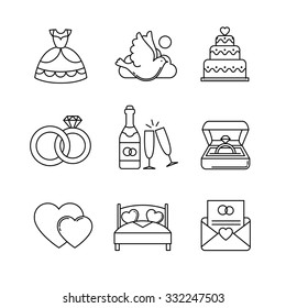 Wedding and marriage thin line art icons set. Modern black symbols isolated on white for infographics or web use.