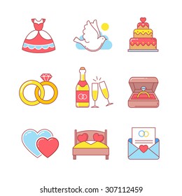 Wedding and marriage thin line icons set. Modern flat style symbols isolated on white for infographics or web use.