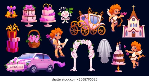 Wedding marriage and Valentine day characters for love and holiday, vector symbols. Valentine day cupid cherub with arrows, love heart balloons and wedding cakes with just married ribbon on pink car