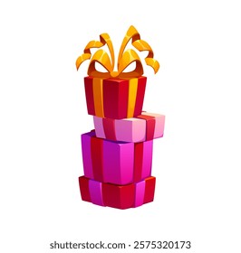 Wedding or marriage and Valentine day gifts for love holiday, cartoon vector. Pink and red gift boxes with golden ribbons for wedding and engagement or marriage invitation or greeting card decoration