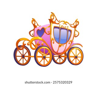 Wedding marriage and Valentine day symbol of fairy tale love carriage coach, cartoon vector. Wedding pink wagon cart on golden wheels and pink hearts for bride and bridegroom marriage or Valentine day