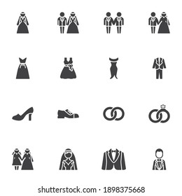 Wedding and marriage vector icons set, modern solid symbol collection, filled style pictogram pack. Signs, logo illustration. Set includes icons as tuxedo suit, bride and groom, bridal dress, ring