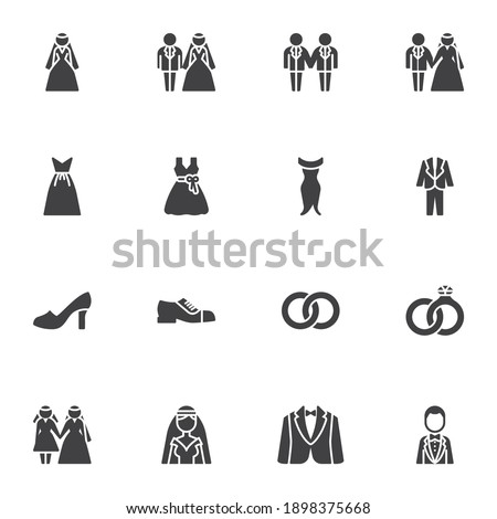 Wedding and marriage vector icons set, modern solid symbol collection, filled style pictogram pack. Signs, logo illustration. Set includes icons as tuxedo suit, bride and groom, bridal dress, ring