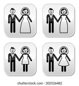 Wedding, married couple, bride and groom buttons set 