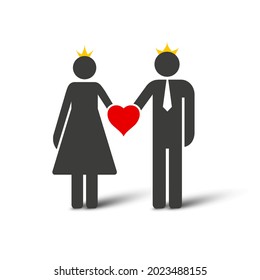 Wedding married couple simple icon. Bride and groom stick figures. Flat vector illustration isolated on white background.