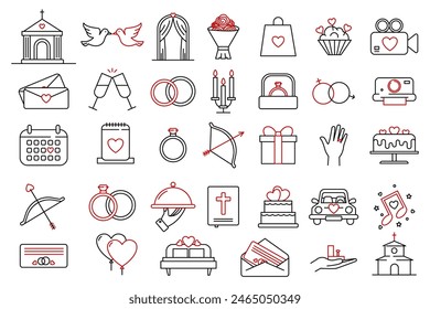 Iconos de Boda, matrimonio, línea de ceremonia. Minimalista delgado lineal web iconos Paquete. Iconos de línea de trazo editables de Boda