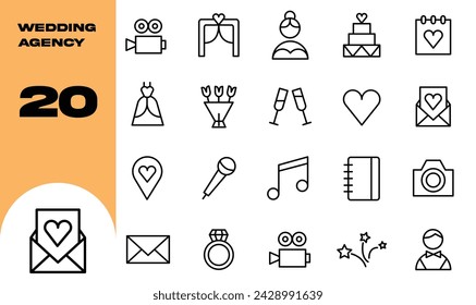 Iconos de boda, matrimonio, línea de ceremonia. Ilustración vectorial. Trazo editable.