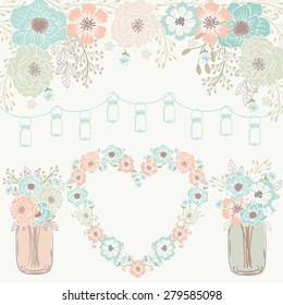 Wedding / mason jar banner / heart flower wreath / Mint 