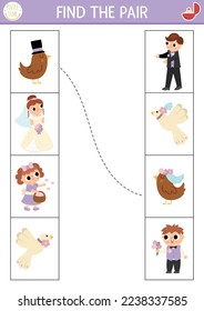 Wedding matching activity for children. Fun puzzle with cute just married couples. Marriage ceremony educational game, printable worksheet for kids with love theme. Find the pair
