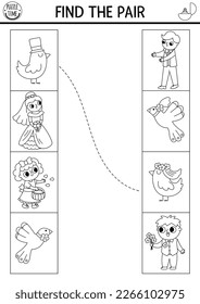 Wedding matching activity. Fun black and white puzzle or coloring page with cute just married couples. Marriage ceremony educational game, printable worksheet for kids. Find the pair
